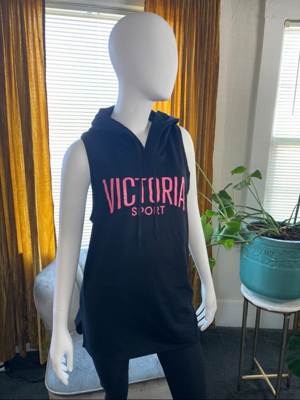 Victoria's Secret Black Sleeveless Hoodie with Pink Logo